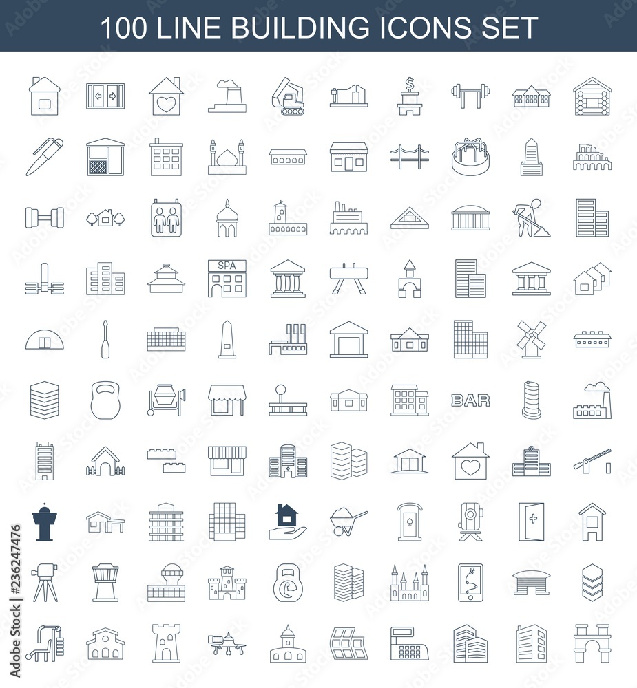 building icons. Set of 100 line building icons included arch, business center, modern curved building, castle on white background. Editable building icons for web, mobile and infographics. building icons. Set of 100 line building icons included arch, business center, modern curved building, castle on white background. Editable building icons for web, mobile and infographics.
