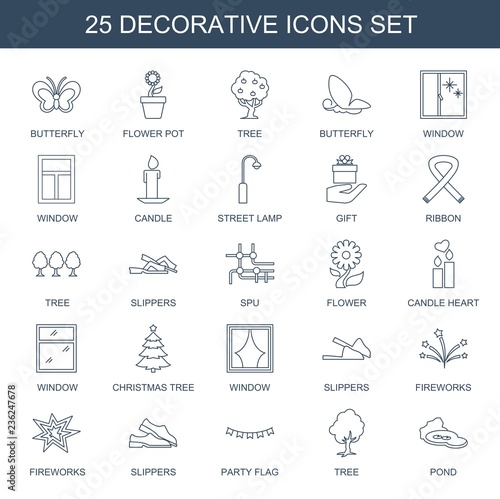 decorative icons. Set of 25 line decorative icons included butterfly, flower pot, tree, window, candle on white background. Editable decorative icons for web, mobile and infographics.