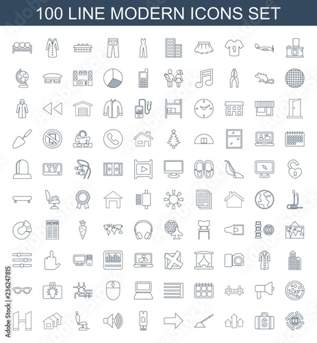 modern icons. Set of 100 line modern icons included globe, Money case, arrow up, arm lever, forward, usb drive on white background. Editable modern icons for web, mobile and infographics.