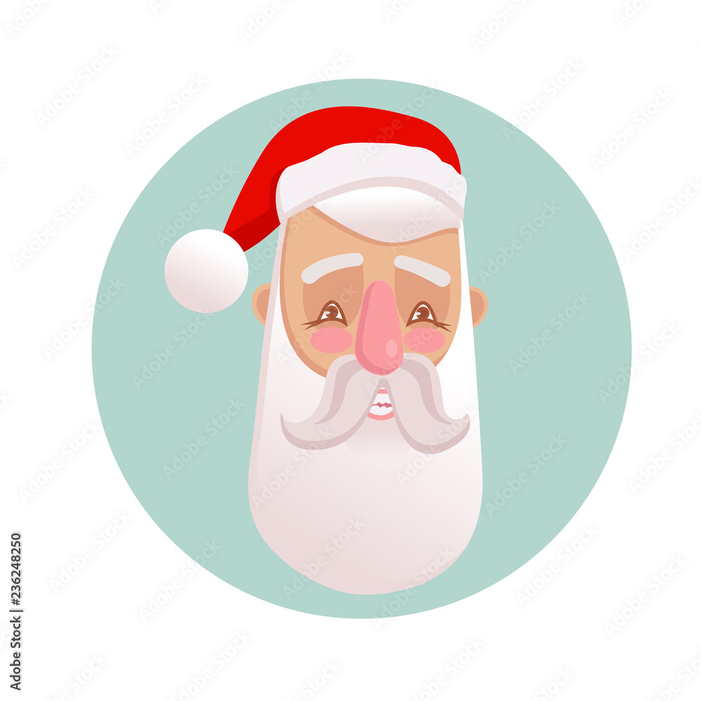 Vector illustration of smiling positive Santa Claus portrait. Christmas character in cartoon style