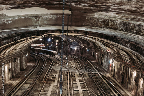 View on a tunnel with railroads in Paris underground.