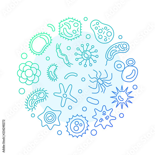 Viruses round vector blue modern illustration in outline style. Virus or infection concept symbol on dark background