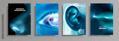 Modern design A4.Abstract neon texture of blue flowers. Parts of the face inversion. Design presentations, print, flyer, business cards, medicine, websites, cover are used. Face elements