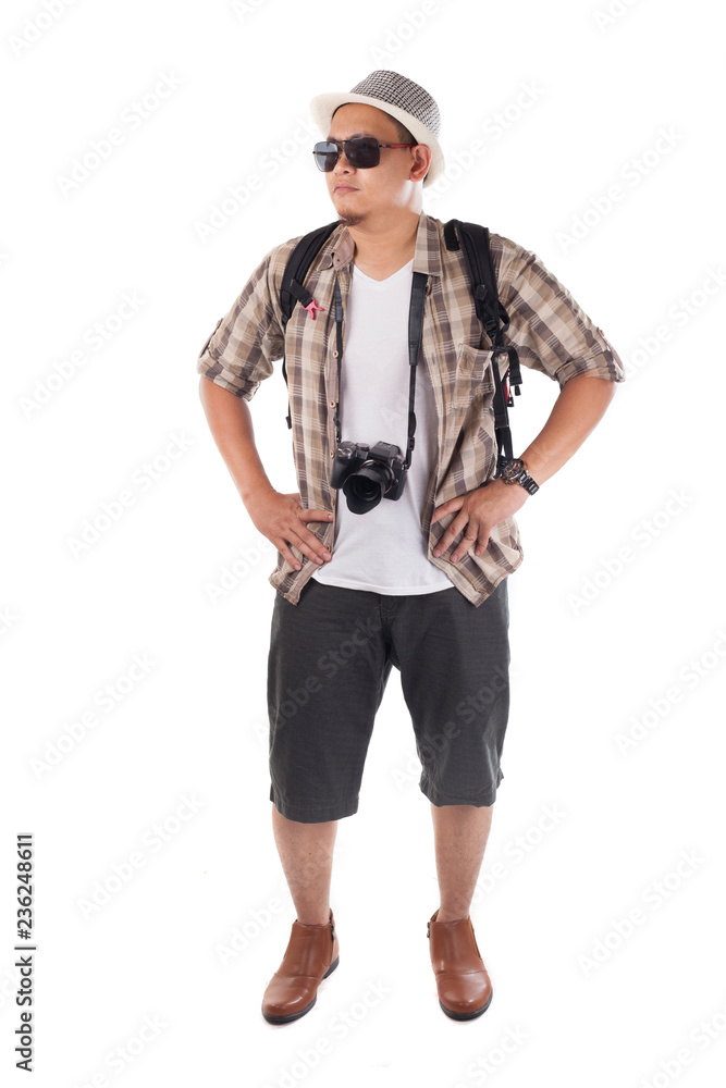 Traveling People Isolated on White. Male Backpacker Tourist, Smiling Happy Gesture Traveling People Isolated on White. Male Backpacker Tourist, Smiling Happy Gesture