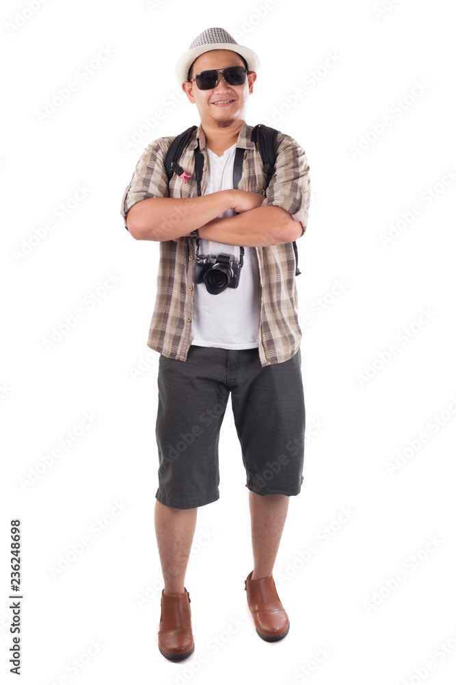 Traveling People Isolated on White. Male Backpacker Tourist, Smiling Happy Gesture Traveling People Isolated on White. Male Backpacker Tourist, Smiling Happy Gesture
