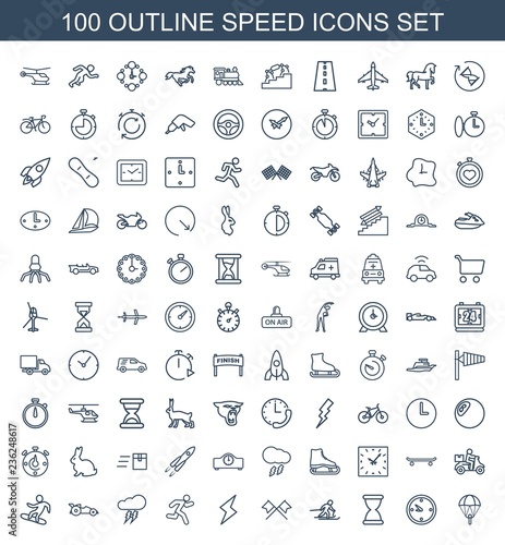 speed icons. Set of 100 outline speed icons included parachute, clock, hourglass, skiing, crossed flags, flash on white background. Editable speed icons for web, mobile and infographics.