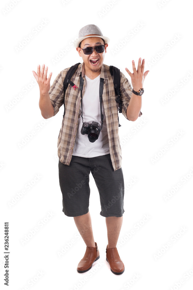 Traveling People Isolated on White. Male Backpacker Tourist Happy Winning Gesture Traveling People Isolated on White. Male Backpacker Tourist Happy Winning Gesture