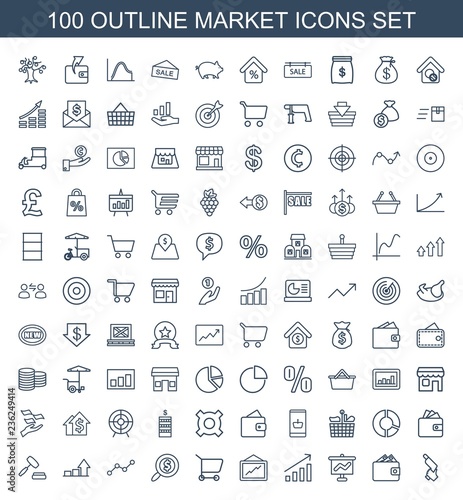 market icons. Set of 100 outline market icons included nail gun, wallet, graph on board, graph, shopping cart on white background. Editable market icons for web, mobile and infographics.