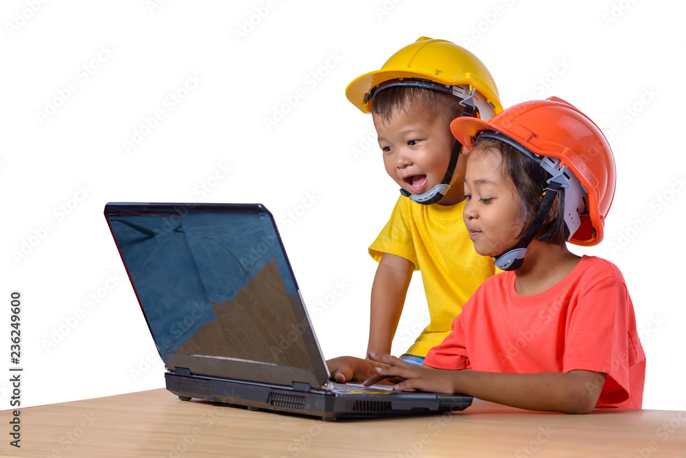 Asian children wearing safety helmet and thinking planer isolated on white background. Kids and education concept