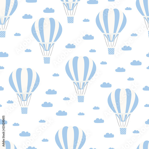 Hot air balloon with cloud seamless pattern. Vintage children illustration. Cute print and wallpaper vector design.