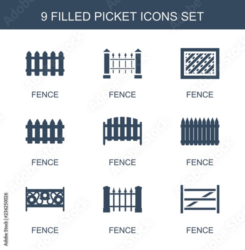 picket icons. Set of 9 filled picket icons included fence on white background. Editable picket icons for web, mobile and infographics.