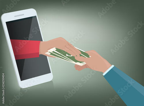 buninessman hand from smart phone monitor giving money to another hand,.online money transactions concept