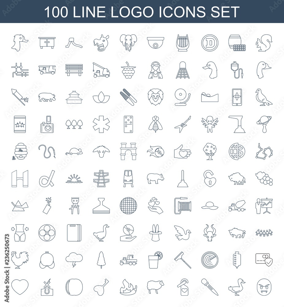 logo icons. Set of 100 line logo icons included devil emot, goose, nail sawing, heart tag, sheep, chili, heart key on white background. Editable logo icons for web, mobile and infographics.