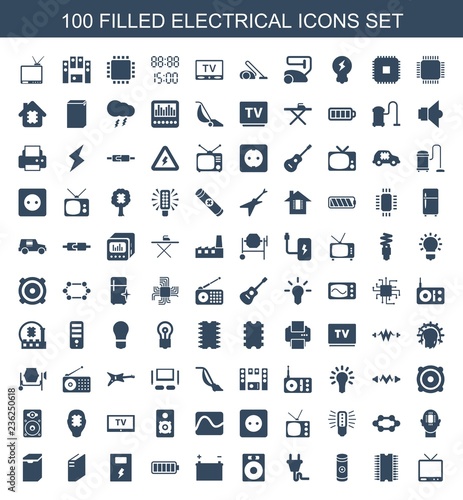 electrical icons. Set of 100 filled electrical icons included TV, cpu, battery, plug, speaker, CPU, washing machine on white background. Editable electrical icons for web, mobile and infographics.