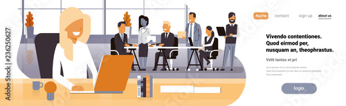 Businesswoman boss workplace over team brainstorming meeting group business people sitting together office discussing flat horizontal banner copy space