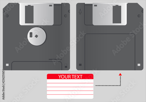 Vector illustration Diskette of 3.5 inches isolated on gray background. Realistic 3D Floppy disk in front and back view with text label sticker template. Retro PC device. Can be used for icon, logo.