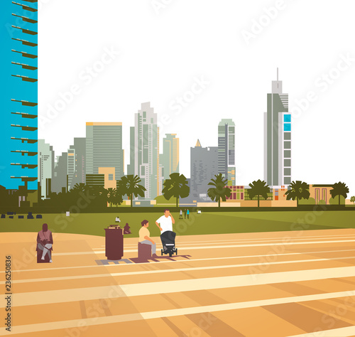 people walking relax concept over skyscraper buildings modern cityscape background flat