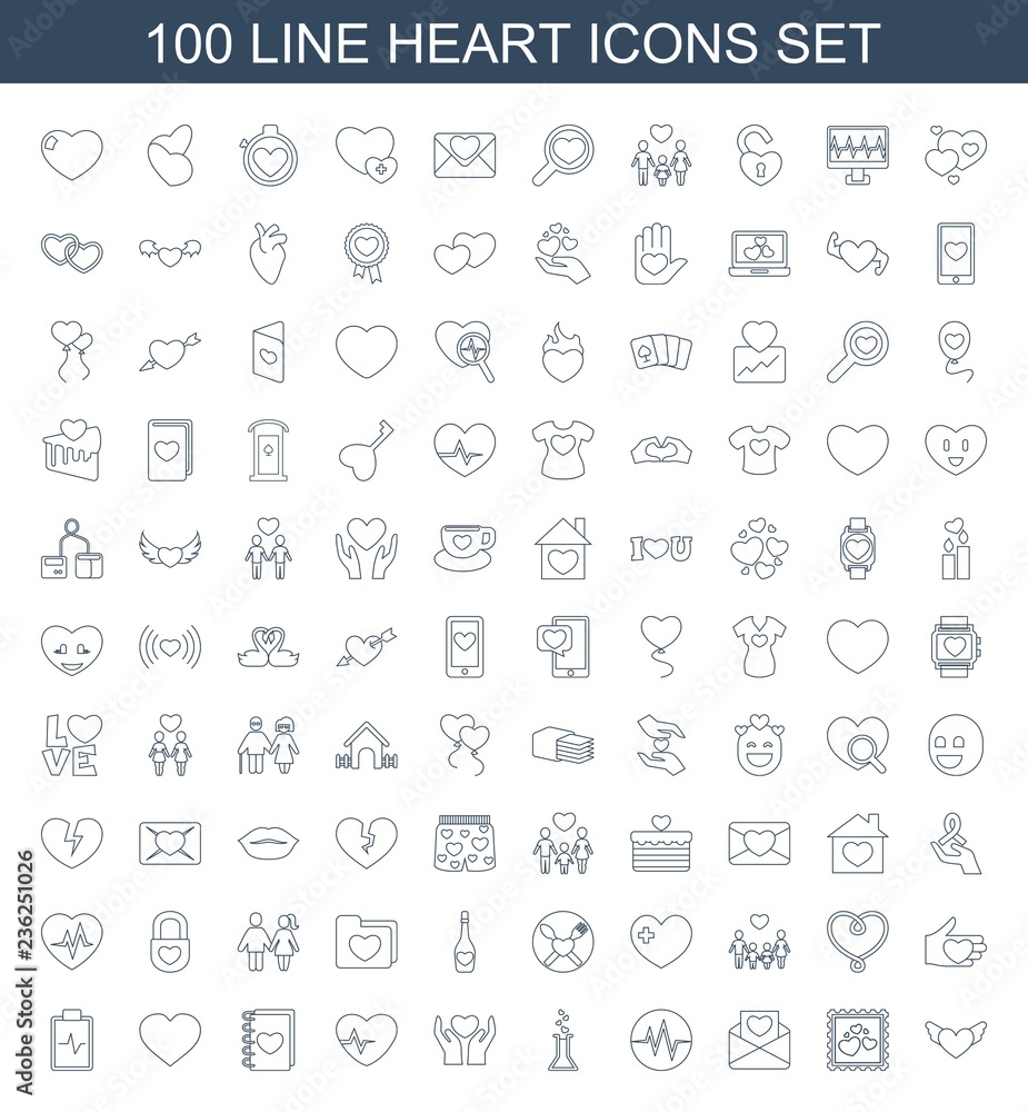 heart icons. Set of 100 line heart icons included heart with wings, photo with heart, love letter, heartbeat on white background. Editable heart icons for web, mobile and infographics.