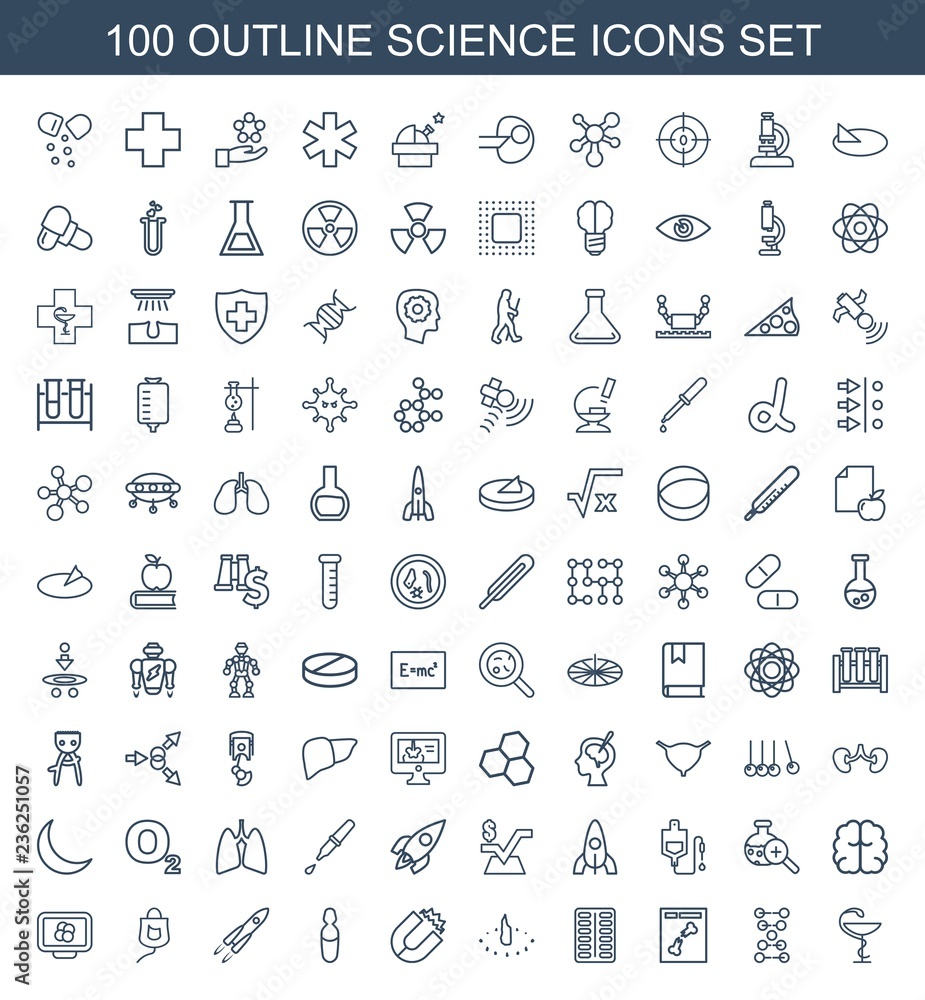 science icons. Set of 100 outline science icons included medicine, dna, x ray, pill, sundial, magnet, medical ampoule on white background. Editable science icons for web, mobile and infographics. science icons. Set of 100 outline science icons included medicine, dna, x ray, pill, sundial, magnet, medical ampoule on white background. Editable science icons for web, mobile and infographics.