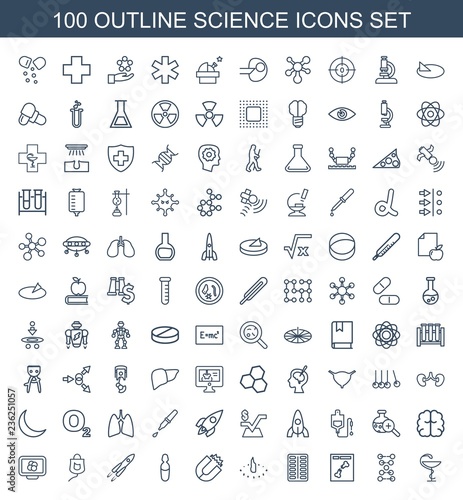 science icons. Set of 100 outline science icons included medicine, dna, x ray, pill, sundial, magnet, medical ampoule on white background. Editable science icons for web, mobile and infographics.