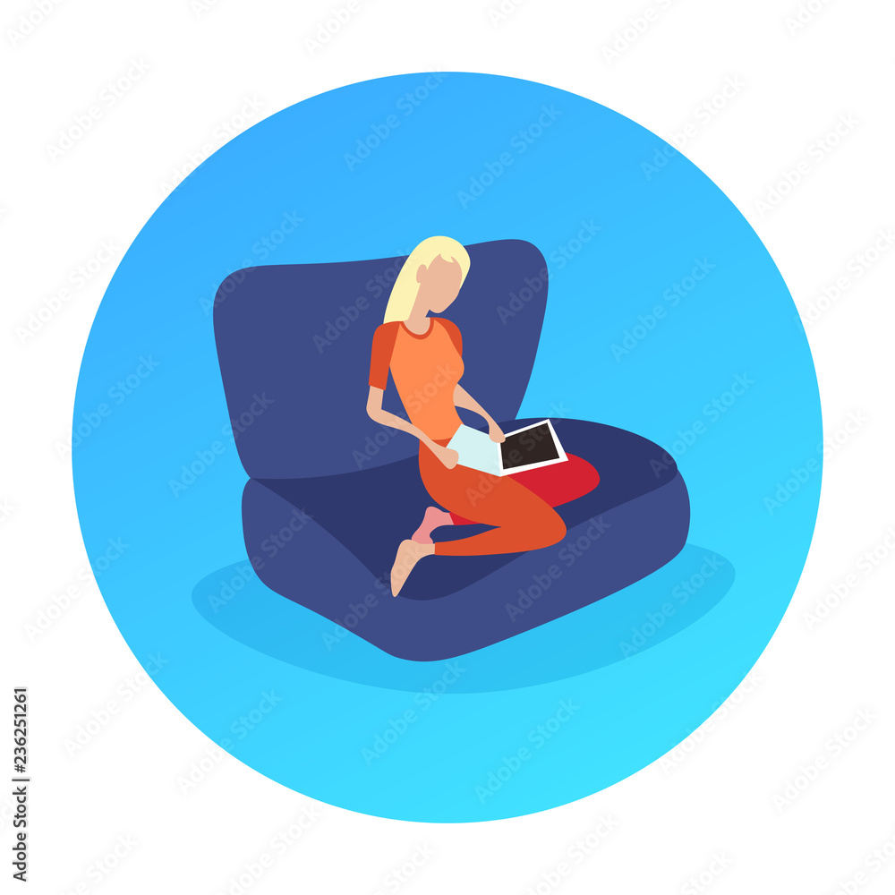 woman using laptop sofa relax concept round frame flat isolated