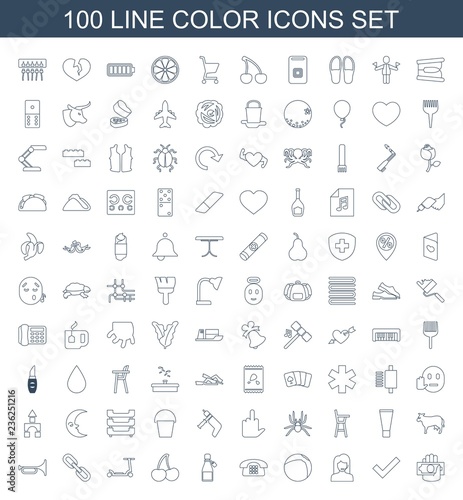 color icons. Set of 100 line color icons included money in hand, tick, customer support, beach ball, desk phone on white background. Editable color icons for web, mobile and infographics.