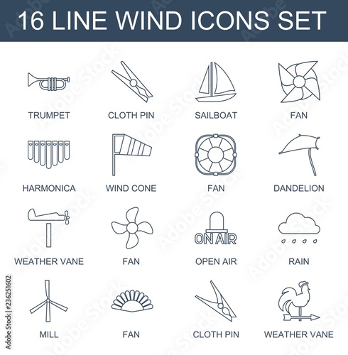 wind icons. Set of 16 line wind icons included trumpet, cloth pin, sailboat, fan, harmonica, wind cone, dandelion on white background. Editable wind icons for web, mobile and infographics.
