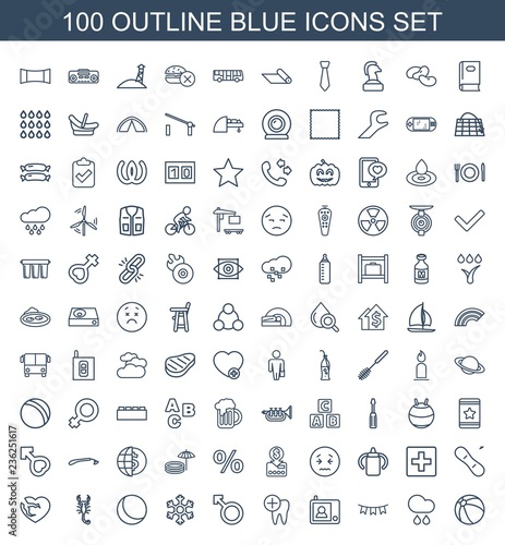 blue icons. Set of 100 outline blue icons included beach ball, rain, party flag, intercom, dental care, woman on white background. Editable blue icons for web, mobile and infographics.