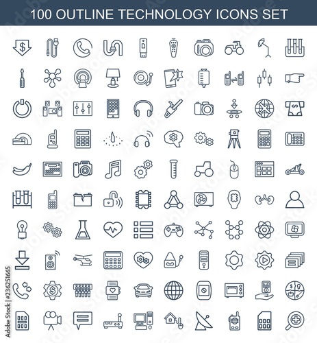 technology icons. Set of 100 outline technology icons included zoom in, memory card, walkie talkie, satellite on white background. Editable technology icons for web, mobile and infographics.