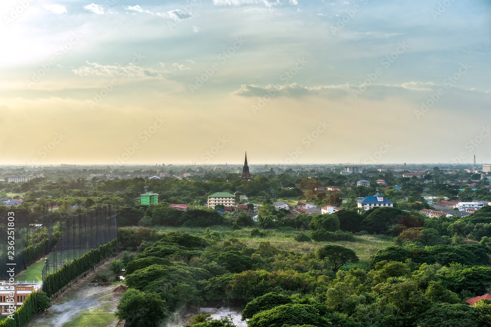 Obraz premium The beautiful of landscape and village during sunrise and sunset. Green landscape village scenery. Nature background, image for background, wallpaper, interior.