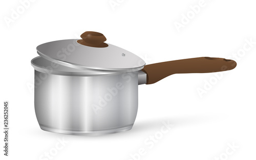 Metal pot with lid. A stainless pan isolated on a white background. Vector Illustration