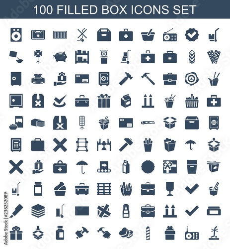 box icons. Set of 100 filled box icons included no standing nearby, radio, gift, cargo, sweet box, hummer, medical bottle on white background. Editable box icons for web, mobile and infographics.