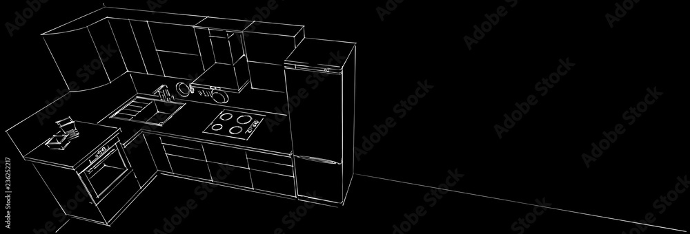 Sketch drawing of modern L-shape corner kitchen interior on black long background. Top view. Web design template.