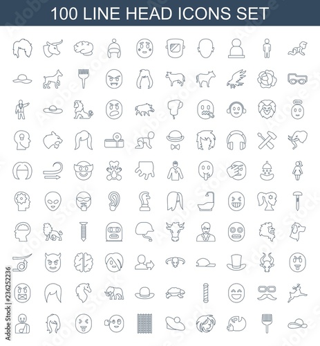 head icons. Set of 100 line head icons included woman hat, coloring brush, dancing emoji, woman hairstyle, hair curler on white background. Editable head icons for web, mobile and infographics.