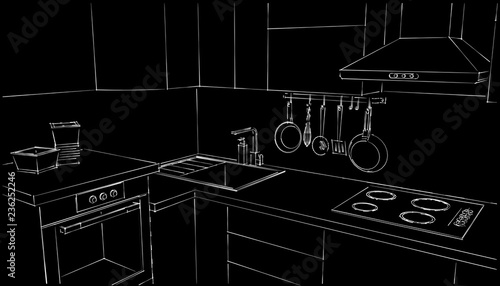 Sketch of kitchen counter close up with wall-mounted chimney cooker hood, built-in oven, electric ceramic hob, sink, tap and utensils hanging rack on a black background.