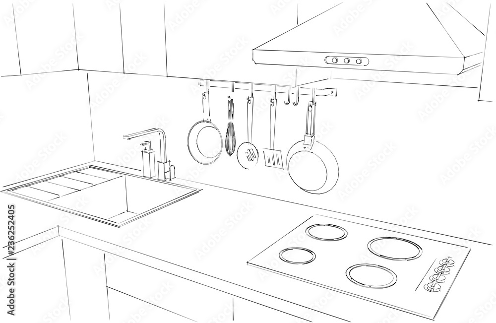 Interior Design Modern Kitchen Drawing Plan 3D Illustration Stock Photo,  Picture and Royalty Free Image. Image 102158966.