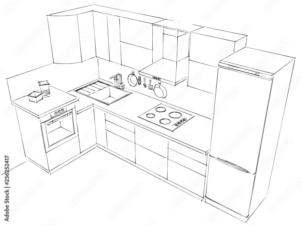 Outline sketch of modern Lshaped kitchen set interior black and white Top  perspective view Stock Illustration  Adobe Stock