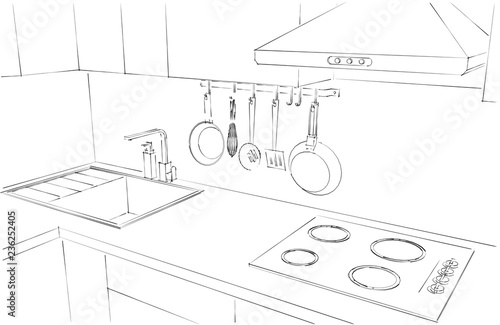 Modern kitchen counter close up. Outline sketch drawing. Stock Illustration  | Adobe Stock
