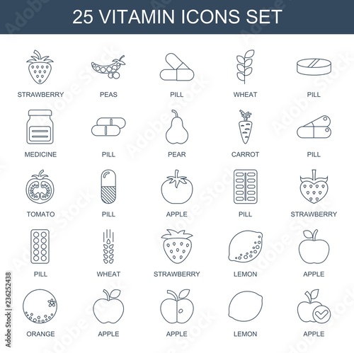 vitamin icons. Set of 25 line vitamin icons included strawberry, peas, pill, wheat, medicine, pear, carrot on white background. Editable vitamin icons for web, mobile and infographics.