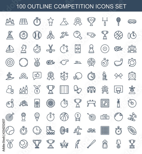 competition icons. Set of 100 outline competition icons included trophy, medal with star, bowling, baseball bat on white background. Editable competition icons for web, mobile and infographics.
