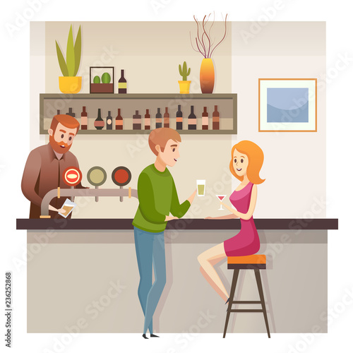Young Couple Date in Restaurant Bar or Pub Vector