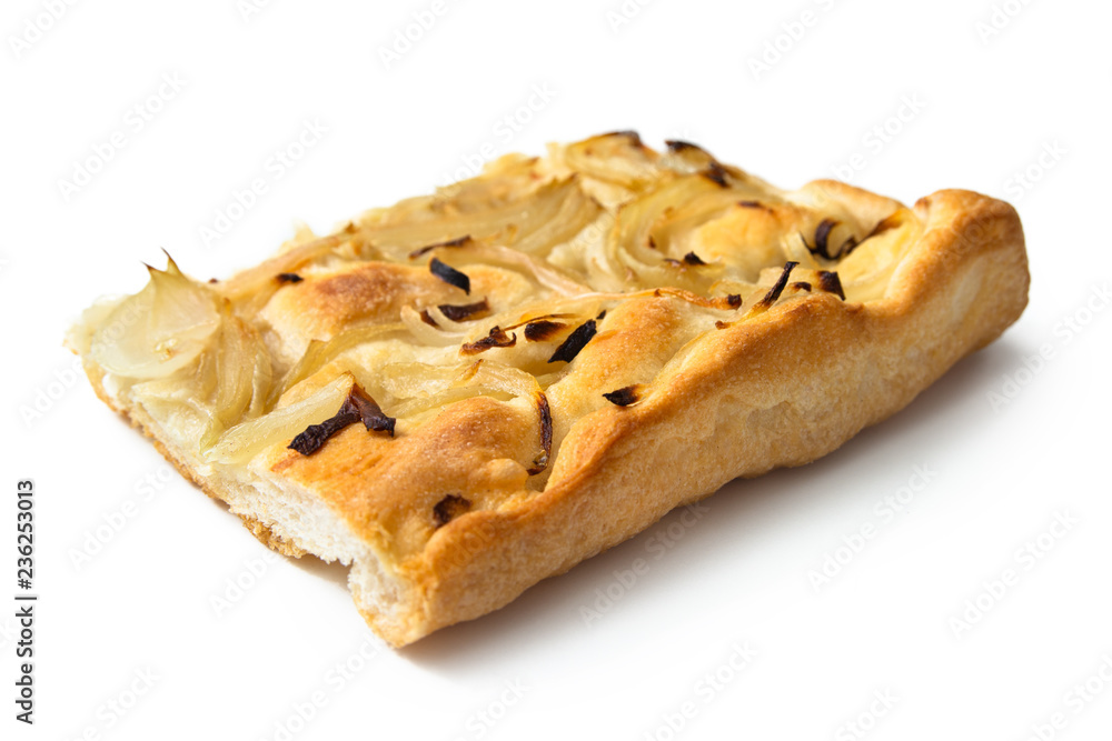 Fetta di focaccia con cipolla Fetta di focaccia con cipolla