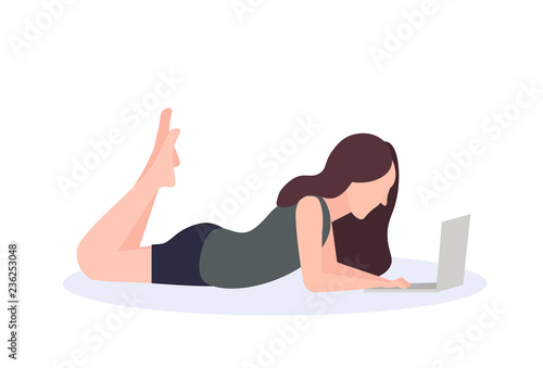 brown hair woman using laptop lying pose isolated faceless profile silhouette female cartoon character full length flat vector illustration