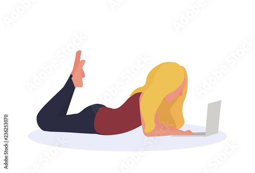 blonde woman using laptop lying pose isolated faceless profile silhouette female cartoon character full length flat