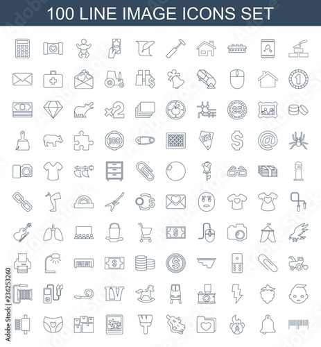 image icons. Set of 100 line image icons included barcode, bell, CD fire, folder with heart, hippopotamus, paint brush on white background. Editable image icons for web, mobile and infographics.