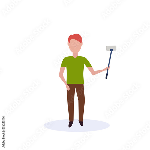 redhead man doing selfie self stick standing pose isolated faceless silhouette male cartoon character full length flat