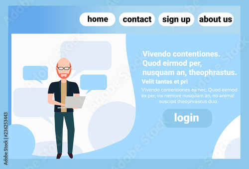 redhead man using laptop chat bubble standing pose bald head faceless silhouette male cartoon character copy space horizontal full length flat