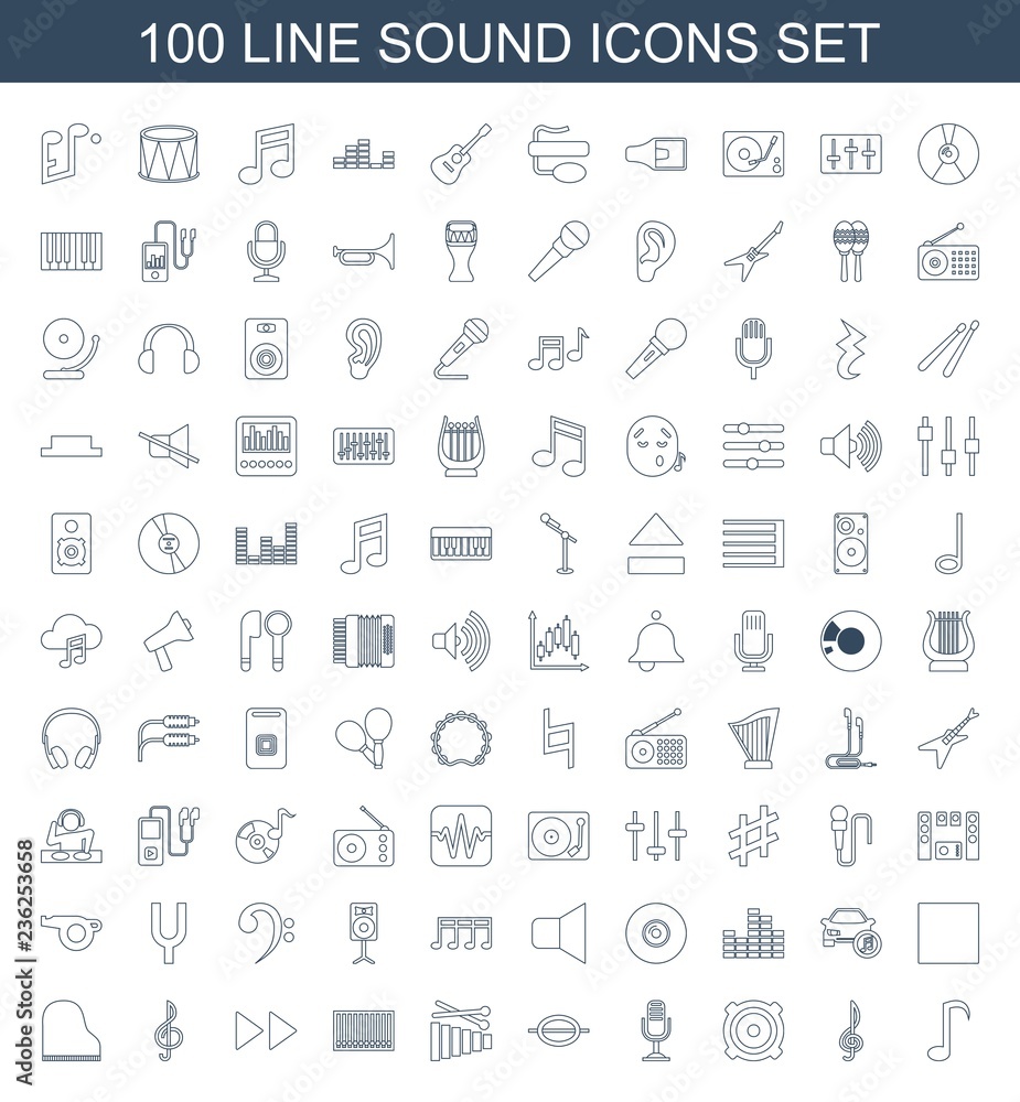 sound icons. Set of 100 line sound icons included music note, treble clef, loud speaker, microphone, xylophone on white background. Editable sound icons for web, mobile and infographics. sound icons. Set of 100 line sound icons included music note, treble clef, loud speaker, microphone, xylophone on white background. Editable sound icons for web, mobile and infographics.
