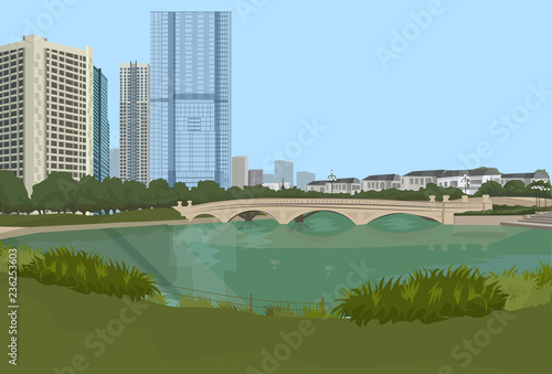 stone bridge over river cityscape background city buildings landscape view horizontal