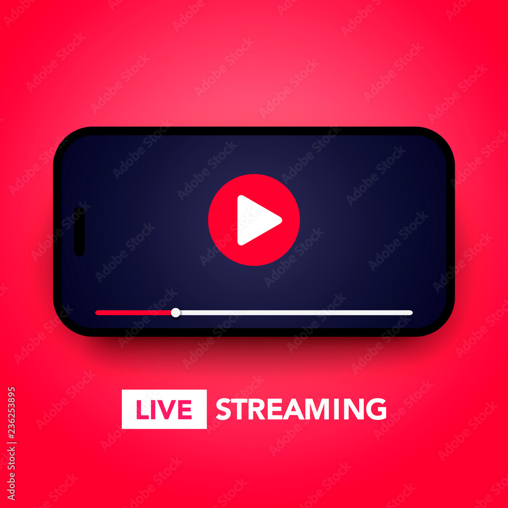 Vector illustration live stream concept with play button on smartphone screen for online broadcast, streaming service Vector illustration live stream concept with play button on smartphone screen for online broadcast, streaming service